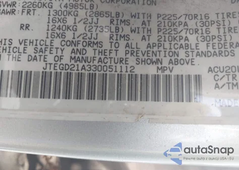 2003 Toyota Highlander from USA, damaged, VIN JTEGD21A330051112